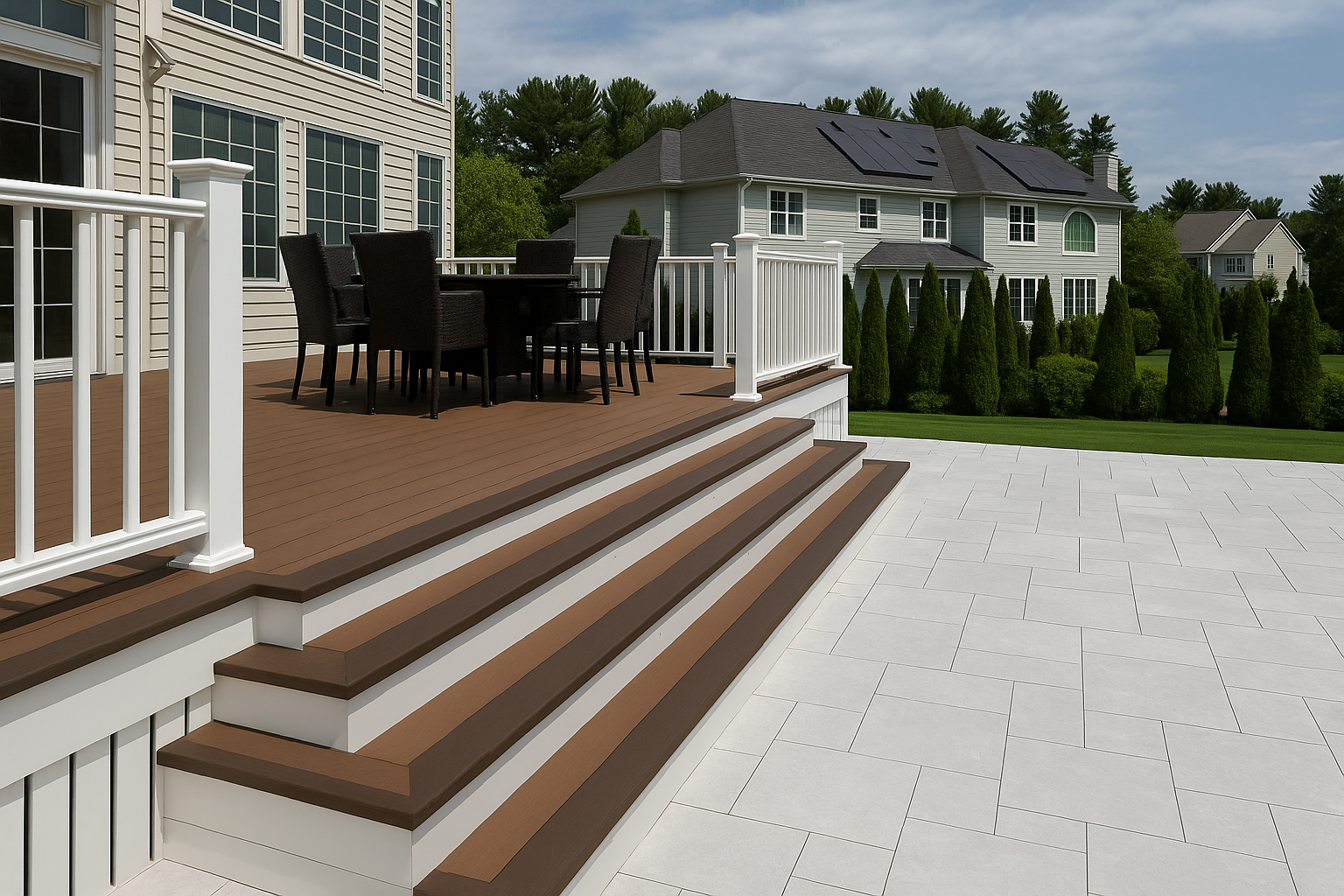 Outdoor patio featuring modern deck construction and renovation with composite materials and elegant railing