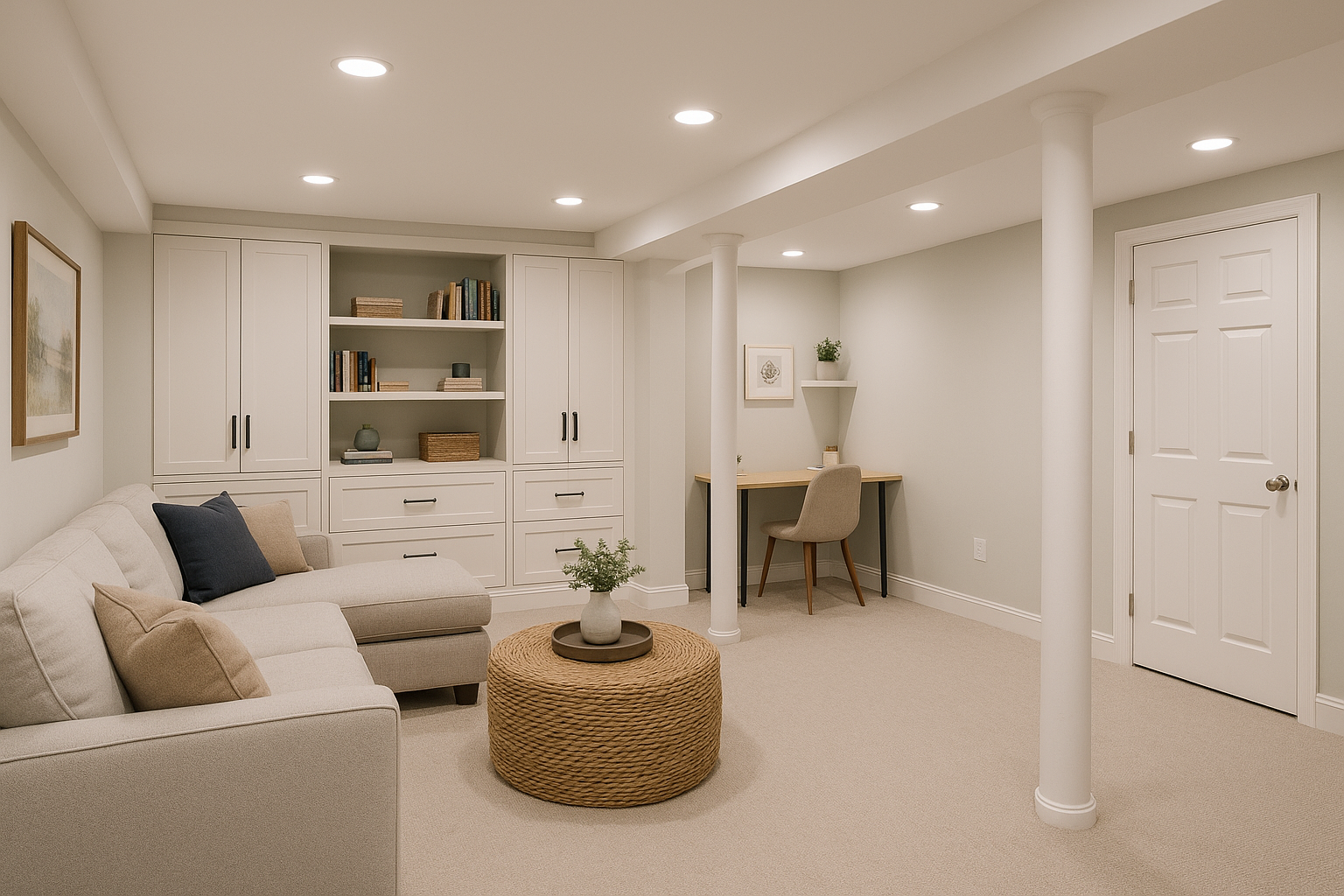 Modern basement with built-in shelves, neutral decor, and beige flooring showing results of professional carpet services.