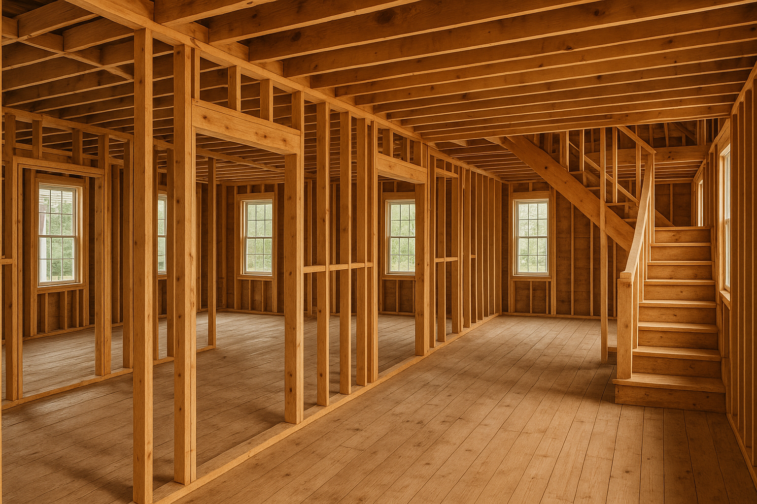 Interior view of new construction highlighting expert framing services with exposed wooden structure and staircase