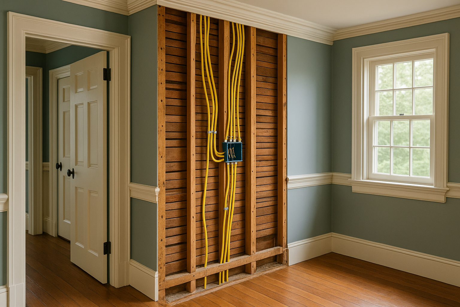 Wall with exposed wiring installation showcasing professional electrical services in a residential renovation