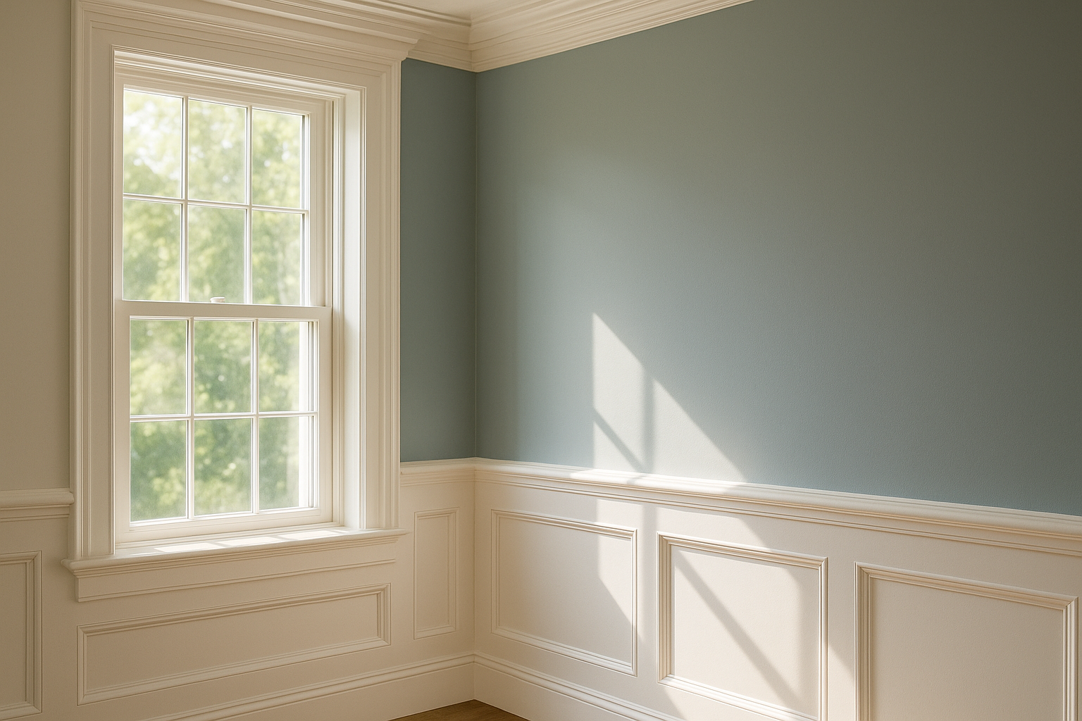 Elegant living room corner showcasing interior painting with soft blue and cream tones
