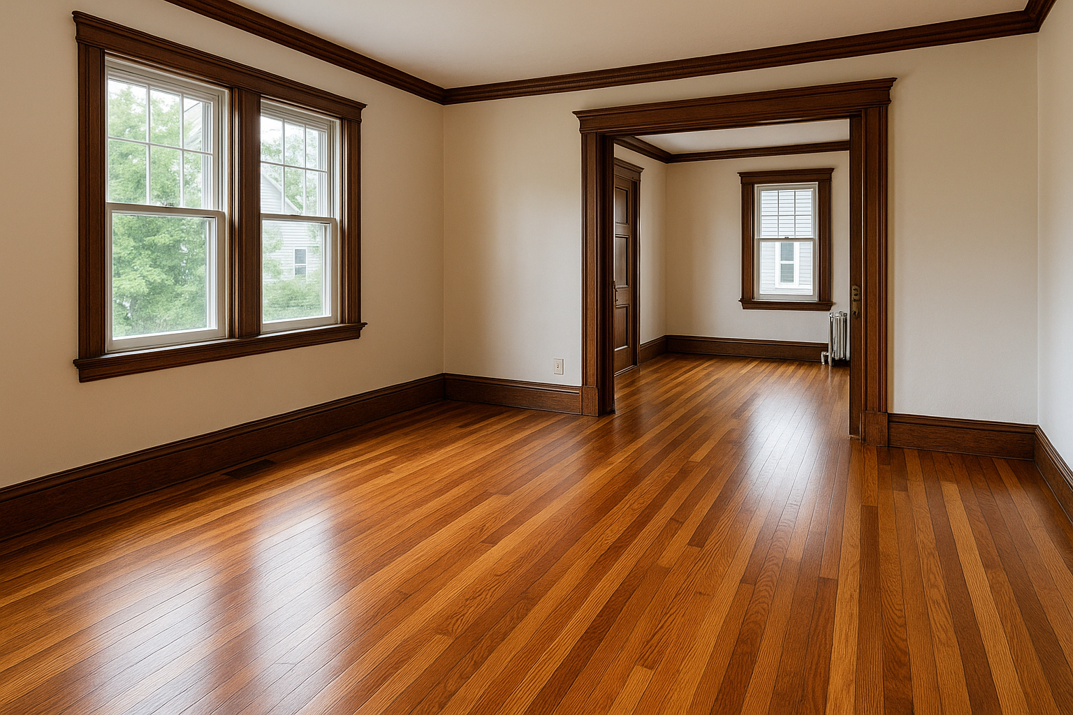 Bright living room with professionally finished wood floors showcasing premium hardwood flooring services.
