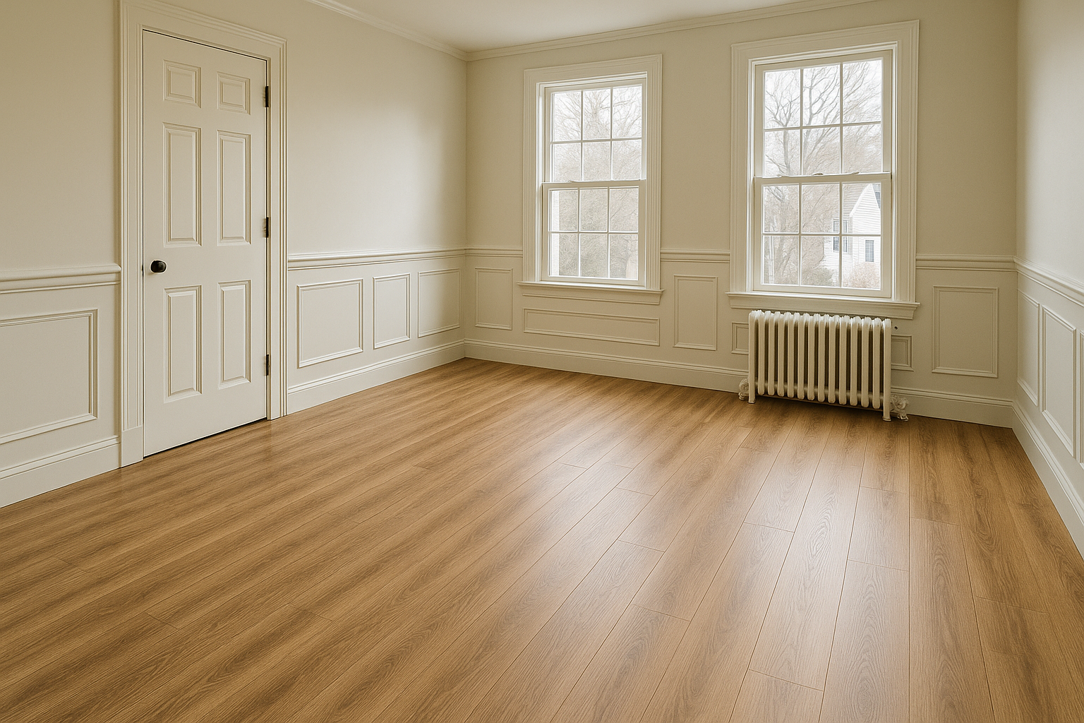 Bright room with newly installed laminated flooring services showcasing natural wood tones and elegant finish.